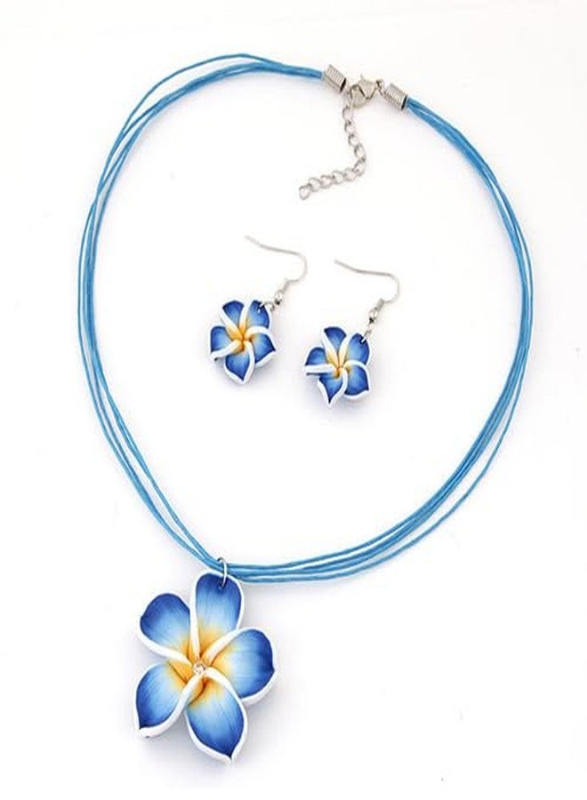 POYAMUSE Hawaiian Colorful Plumeria Flower Necklace Earrings Set - Tropical Beach Party Accessories for Women Vacation Luau Events Jewelry-blue - Image 2